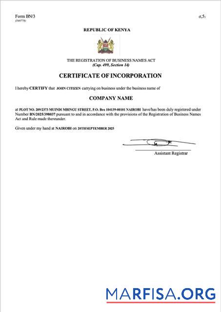 Downloadable Kenya certificate of incorporation Word and PDF template, version 2
